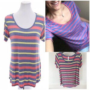LulaRoe Womens Classic T-Shirt Tee Swing Top Striped Print Blue Pink Sz Small